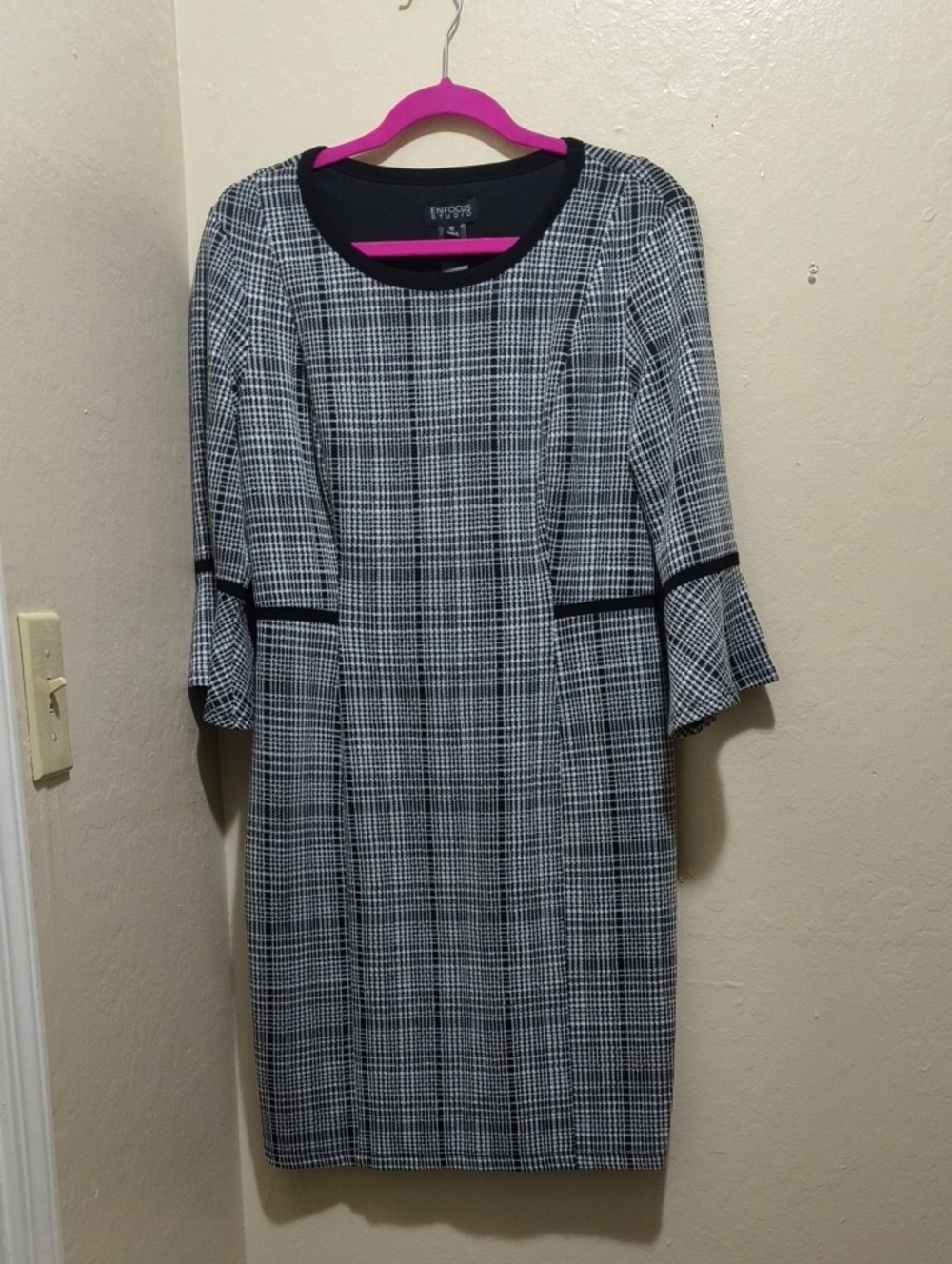Enfocus Studio Black and White Plaid Bell Sleeve Sheath Dress
